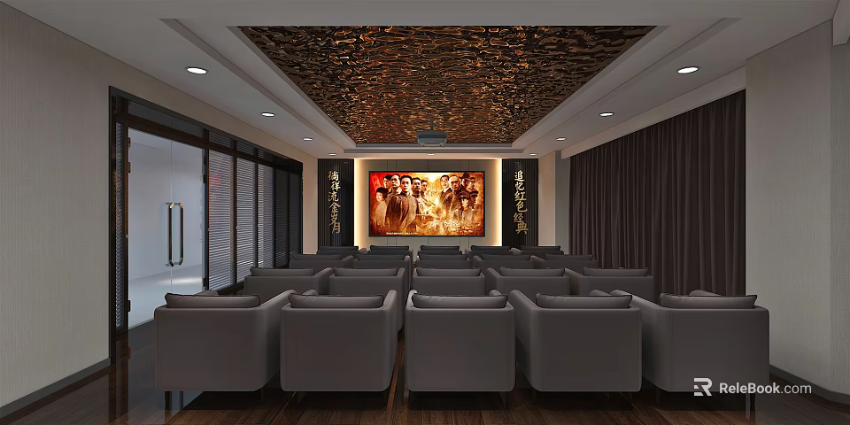 Home Theater Room Interior With Multiple Gray Sofas Movie Screen Textured Ceiling And Dark Curtains 3d model 