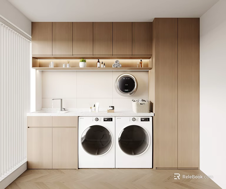 Modern Wooden Bathroom Cabinetry With Sink Double Washing Machines And Storage Shelf 3d model 