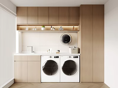 Modern Wooden Bathroom Cabinetry With Sink Double Washing Machines And Storage Shelf 3d model