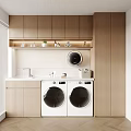 Modern Wooden Bathroom Cabinetry With Sink Double Washing Machines And Storage Shelf