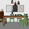 Wooden Dining Table With Green Chairs Wall Paintings Hanging Lamps And Wooden Floor