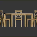 Rustic Wooden Round Dining Table With Six Chairs For Dining Room Interior 3d model