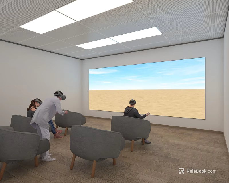 People Using VR Headsets In Room With Large Screen Desert Sky And Gray Chairs 3d model 