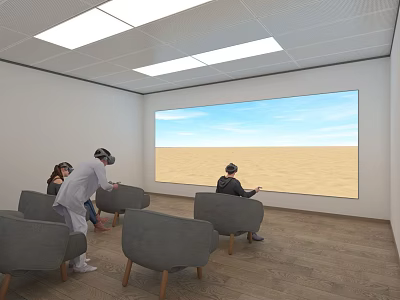 People Using VR Headsets In Room With Large Screen Desert Sky And Gray Chairs 3d model