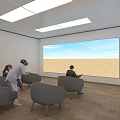 People Using VR Headsets In Room With Large Screen Desert Sky And Gray Chairs