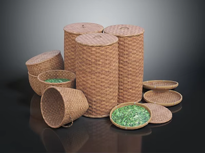 Household Wicker Storage Containers with Various Sizes Shapes and Green Tea 3d model