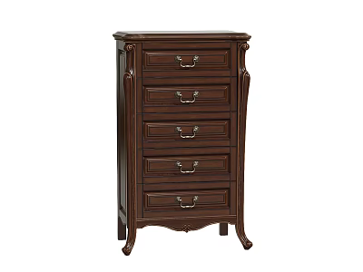 Classic Dark Brown Wooden Chest of Drawers with Carved Details and Metal Handles 3d model