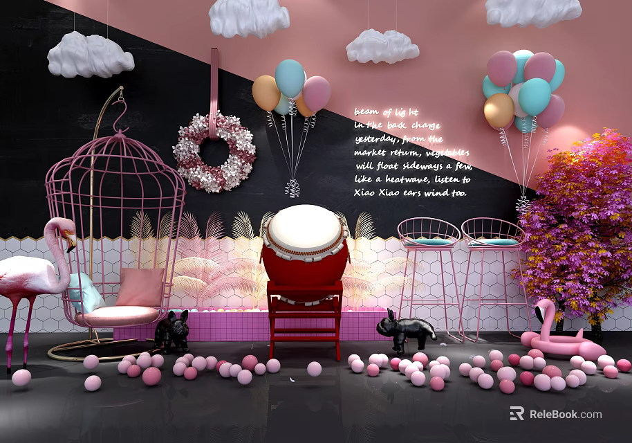 Instagrammable Photo Spot With Pink Wall White Cloud Decor Colorful Balloons Flamingo And Red Drum 3d model 