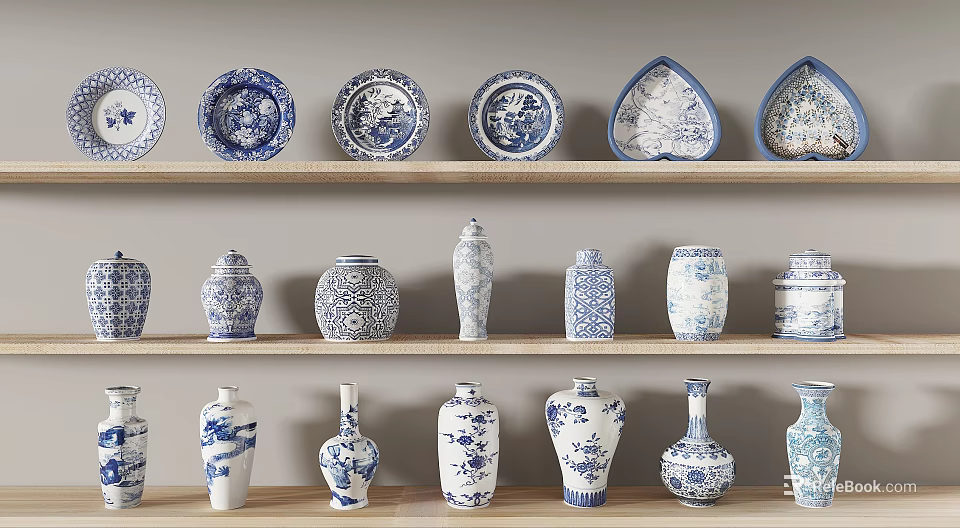 Blue and White Ceramic Wares Display On Wooden Shelves With Various Shapes Vases And Plates 3d model 