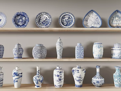 Blue and White Ceramic Wares Display On Wooden Shelves With Various Shapes Vases And Plates 3d model