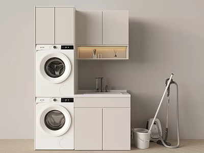 Modern White Bathroom Cabinet With Stacked Washer Dryer Sink And Storage 3d model