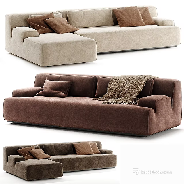 Stylish Sectional Sofa With Beige Brown Gray Cushions Throw Blanket And Ottoman 3d model 