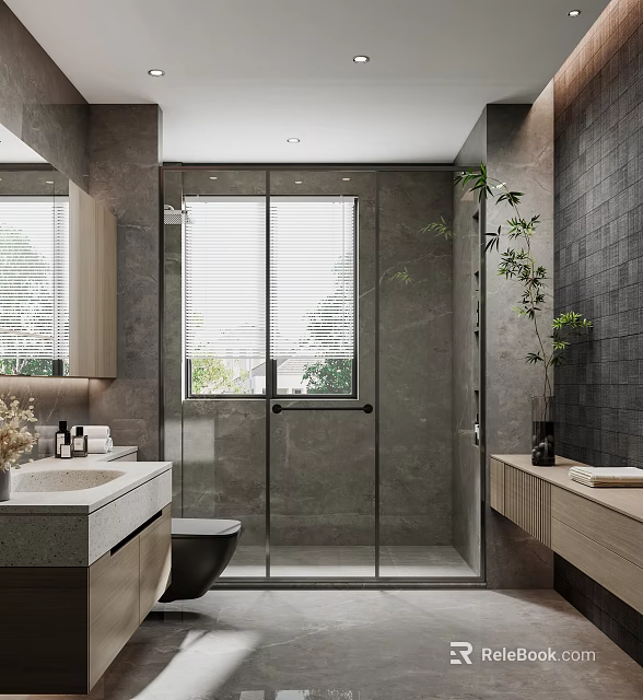 Modern Gray Bathroom With Glass Shower Enclosure Double Vanities Wooden Cabinets And Green Plant Blinds 3d model 