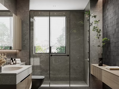 Modern Gray Bathroom With Glass Shower Enclosure Double Vanities Wooden Cabinets And Green Plant Blinds 3d model
