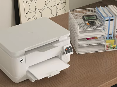 White HP Office Printer on Wooden Desk with Metal Organizer Calculator Folders and Sticky Notes 3d model