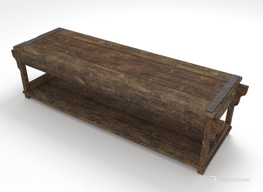 Vintage Wooden Bench With Rustic Style Wooden Surface And Metal Accents Lower Shelf 3d model 