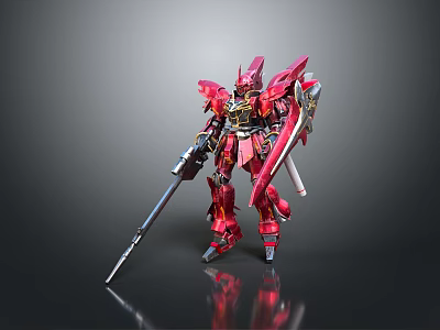 Red And Gold Mecha Model With Spear Sword And Reflection On Black Background 3d model
