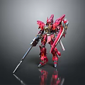 Red And Gold Mecha Model With Spear Sword And Reflection On Black Background