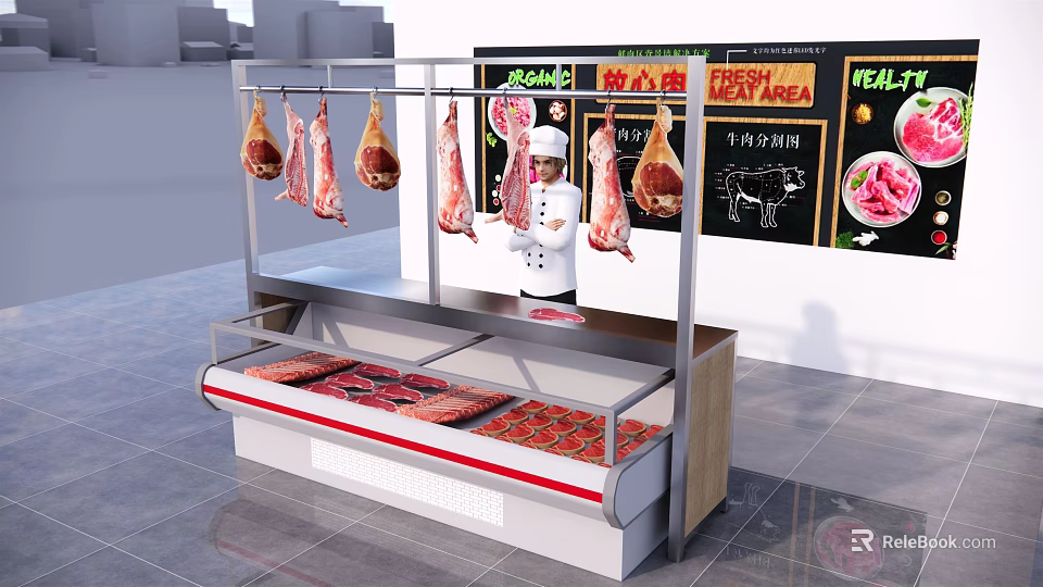 Fresh Meat Display Shelf With Hanging Meat And Glass Case For Butcher Shop 3d model 