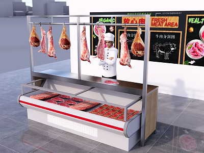 Fresh Meat Display Shelf With Hanging Meat And Glass Case For Butcher Shop 3d model