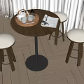 Modern Round Wooden Table and Stools Set with Light Gray Padded Seats for Home Interior