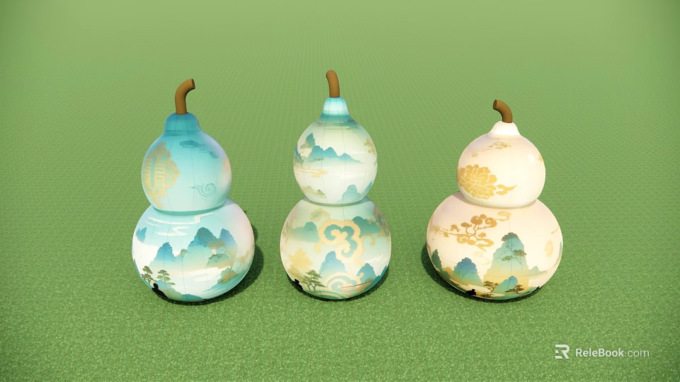 Decorative Gourds With Landscape Patterns Fortune Characters Number 3 And Golden Accents 3d model 