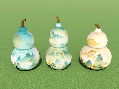Decorative Gourds With Landscape Patterns Fortune Characters Number 3 And Golden Accents 3d model