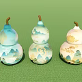 Decorative Gourds With Landscape Patterns Fortune Characters Number 3 And Golden Accents