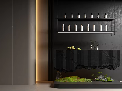 Modern Elegant Console Table With Black Wall And Black Shelves Marble Countertop Greenery And Decorations 3d model