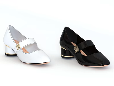 Black and White Mary Jane Shoes with Buckle Straps and Block Heels 3d model