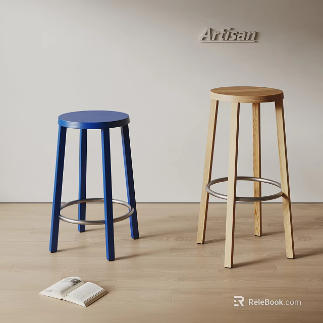 Modern Tall Stools With Round Seats Blue And Wooden With Metal Footrests In Home Decor 3d model 