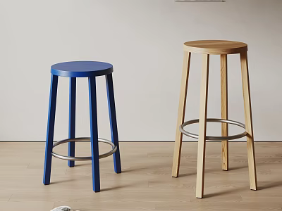 Modern Tall Stools With Round Seats Blue And Wooden With Metal Footrests In Home Decor 3d model