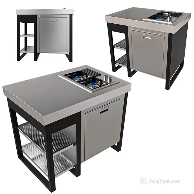 Stainless Steel Kitchen Workbench Appliances With Gas Stove Countertop Drawer And Shelf 3d model 