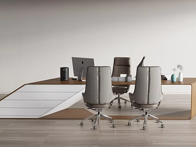 Modern Wooden Office Desk With Two Grey Wheeled Chairs Computer Monitor And Office Supplies 3d model