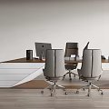Modern Wooden Office Desk With Two Grey Wheeled Chairs Computer Monitor And Office Supplies