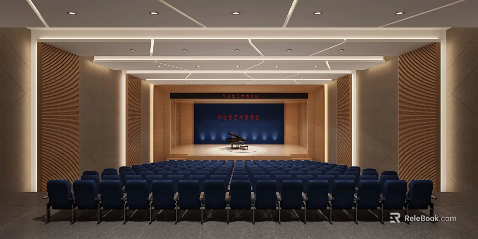 Modern Conference Room Interior With Stage Piano Blue Backdrop And Blue Seats 3d model 
