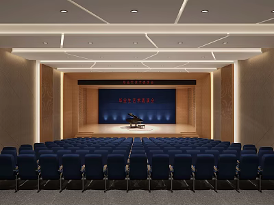Modern Conference Room Interior With Stage Piano Blue Backdrop And Blue Seats 3d model