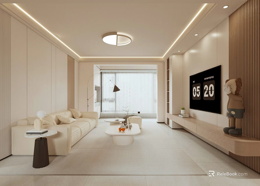 Modern Living Dining Room With Beige Sofa White Coffee Table TV Wall And Wooden Elements 3d model 