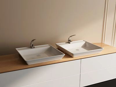 Two White Square Washbasins On Wooden Countertop With White Cabinet Below 3d model