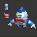 Blue Cartoon Game Movie Character With Hat Red Bow Tie Ice Cream Cone And Bottle