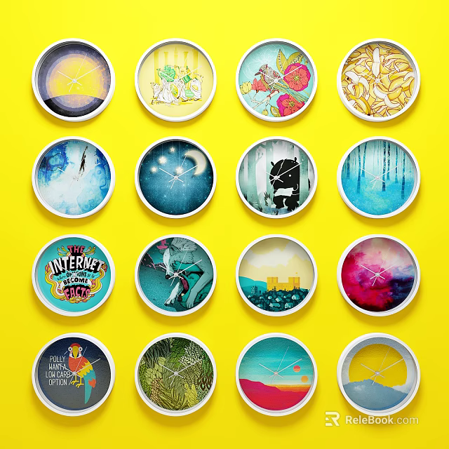 Colorful Decorative Clocks Featuring Various Artistic Designs On Bright Yellow Background 3d model 