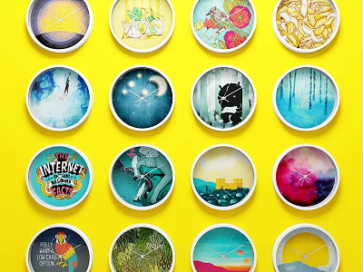 Colorful Decorative Clocks Featuring Various Artistic Designs On Bright Yellow Background 3d model
