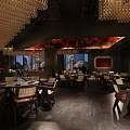 Modern Restaurant Interior Design With Unique Pendant Lights Wooden Tables Red Chairs And Decorative Walls
