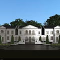 Elegant European Style Detached Villa With White Exterior Black Roof And Lawn Trees
