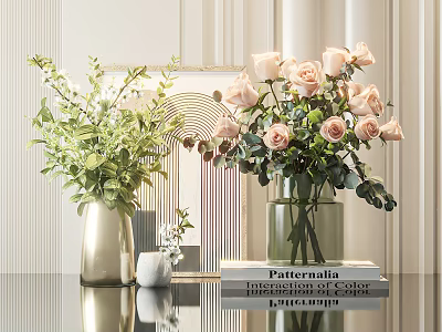 Pink Roses And Green Foliage In Decorative Vases On Books With Modern Wall Art 3d model