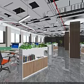 Public Office Space Open Layout With Workstations Green Plants And Marble Flooring 3d model