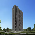 Tall Modern Residential Building With Glass Windows Surrounded By Trees And Urban Skyline