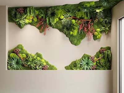 Lush Indoor Landscape Wall With Green Moss Ferns And Decorative Plants 3d model