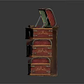 Dark Multi Layer Shelf With Yellow Items And Open Wooden Chest Containing Red Green Items