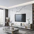 Modern TV Background Wall with Marble Texture Flat Screen TV Gold Stand and Decorative Elements 3d model
